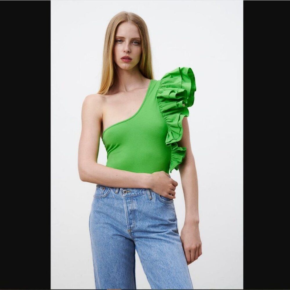 ZARA Women's Asymmetric Ruffled Bodysuit Size S in Green